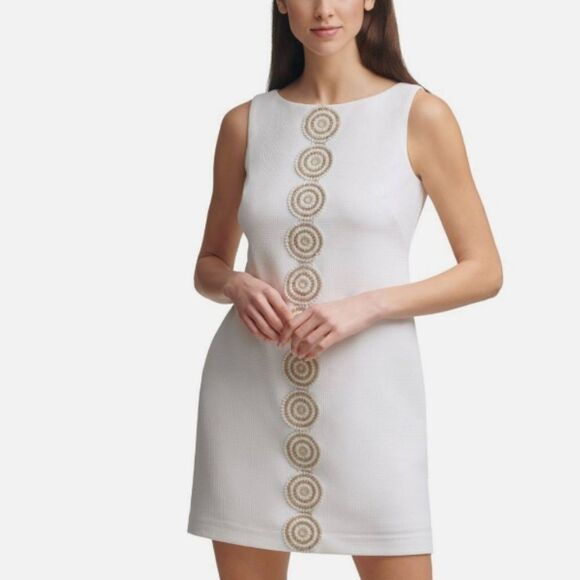 BRAND NEW PAPPAGALLO SLEEVELESS TEXTURED KNIT METALLIC GOLD LACE F TRIM DRESS - Picture 1 of 14